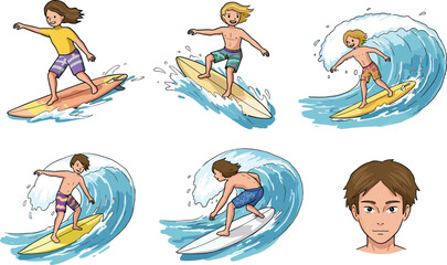 Surfers cartoon set, surfing waves, ocean sport, beach, surfboard, summer, athlete, water, motion, lifestyle, active, fun, character