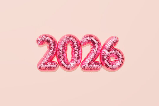 Pink balloon numbers forming 2026 for New Year holiday celebration