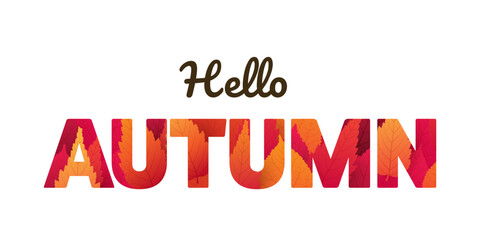 Hello Autumn text design with colorful autumn leaves, patterned letters. Seasonal vector typography, perfect for autumn greetings, posters, invitations, and decorative artwork.