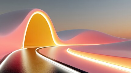 Abstract Pink and Orange Glowing Archway Over Reflective Surface architecture bright