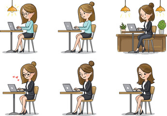 Woman working on laptop cartoon set, remote work, freelance, business, productivity, professional, digital, workspace, lifestyle, tech, career, office