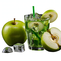 Green apple flavored soda with ice cubes and fresh apple slices with transparent background