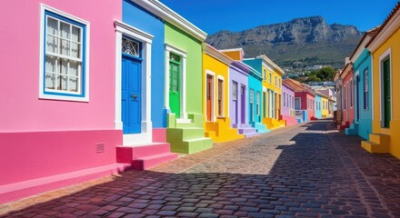 Vibrant bokaap street with colorful houses and table mountain in cape town