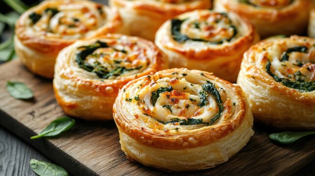 Delicious baked puff pastry rolls with spinach and cheese