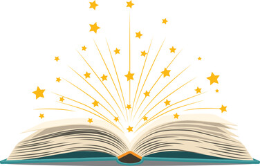 Vector art of open book with golden stars and sparkles emanating from pages