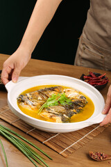 Braised Fish Head and Bean Curd Casserole Soup - Traditional Asian Cuisine Dish
