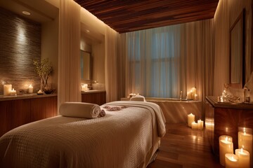 Luxurious spa treatment room with candles and soft lighting