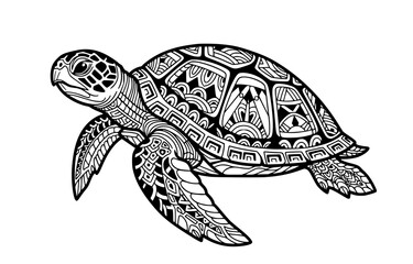 Sea turtle with tribal patterns isolated on white background