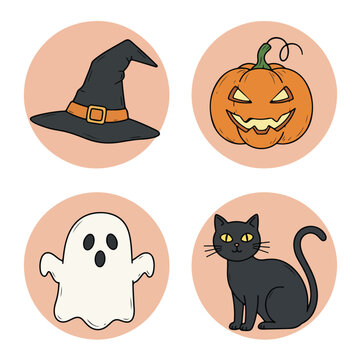 Halloween icons hat, pumpkin, ghost, and black cat on pinky background
