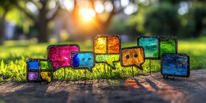 Colorful glass speech bubbles stand on grass, illuminated by sunlight, creating a vibrant, artistic scene.