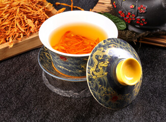 Traditional Chinese Medicine Tea with Cordyceps Chrysanthemum Golden Dragon Teacup Herbal Formula