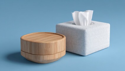 Light blue textured tissue box beside a light brown wooden container.  A stack of white tissues is inside the box.  Both objects rest on a light blue surface