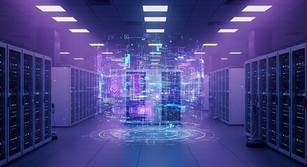 Futuristic Data Center with Holographic Display and Server Racks.
