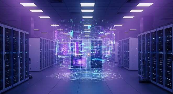 Futuristic Data Center with Holographic Display and Server Racks.