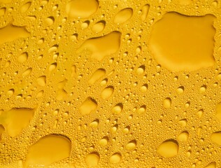 Abstraktes Motiv mit dicken großen Wassertropfen auf gelber Fläche als Hintergrund 