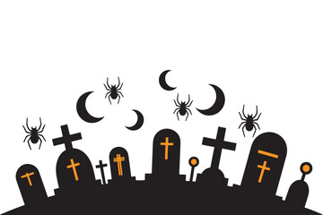 Vector art of halloween graveyard with tombstones, spiders, and crescent moons