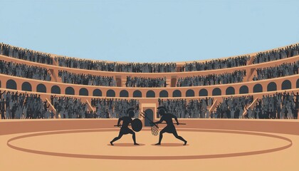 Illustration of gladiators fighting in colosseum