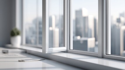 Fototapeta premium A modern office window offering a view of a cityscape, with a clean desk and a potted plant, evoking a sense of tranquility and productivity.