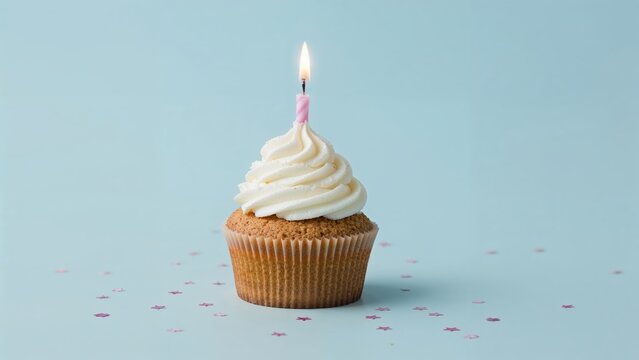 Vanilla cupcake with swirled cream frosting and birthday candle on light blue background with star confetti