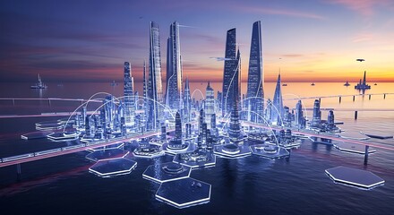 Futuristic Cityscape at Sunset - A Vision of Tomorrows Urban Life.