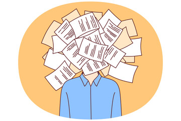Man suffering from bureaucracy and overabundance of paperwork stands with bunch of documents instead of face. Problem of paperwork clogging brain of businessman who needs to digitalize work process
