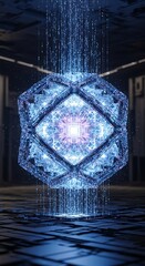 Futuristic Core - A Glowing Energy Cube in a High-Tech Environment.