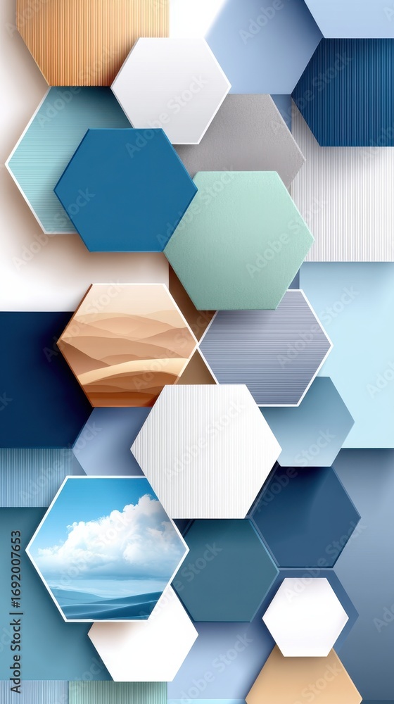 Poster Abstract geometric 3D design with hexagonal patterns and soothing colors