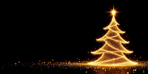 Sparkling Golden Christmas Tree Silhouette on Black Background, Perfect for Upscale Holiday Themes and Festive Celebrations