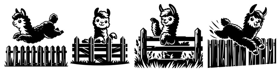 Alpaca Jumping Fence – Cute Running Llama Sequence, Farm Animal Motion Strip, Hand‑Drawn Vector Silhouette Illustration
