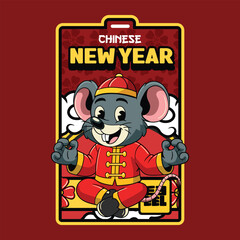 Funny rat in traditional Chinese outfit, sitting cross-legged celebrating Lunar New Year Illustration	