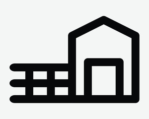 Farmhouse Line Icon with building and fence. Outline graphic image of a barn structure farm for agriculture at rural countryside or country village