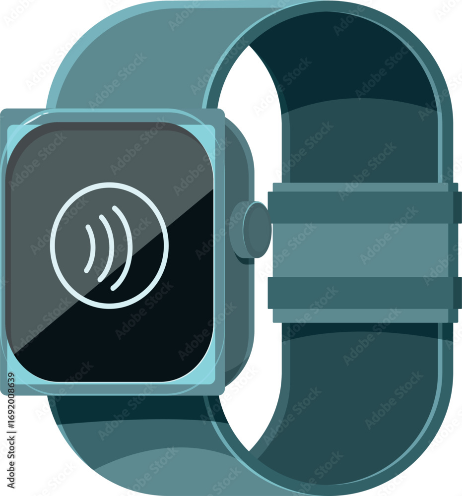 Poster contactless payment symbol displayed on smartwatch screen, indicating availability for transactions