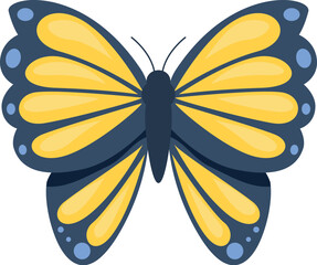 Colorful butterfly with yellow wings and blue spots isolated on white background