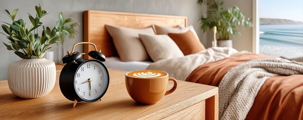 Cozy bedroom morning with alarm clock, coffee, and ocean view