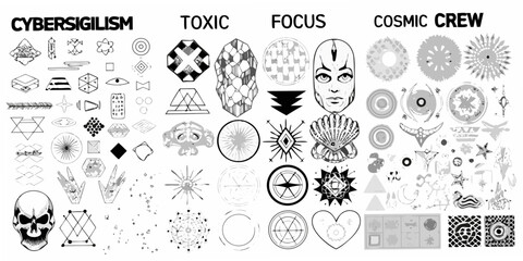 Collection of abstract geometric symbols and icons in black and white categorized into sections