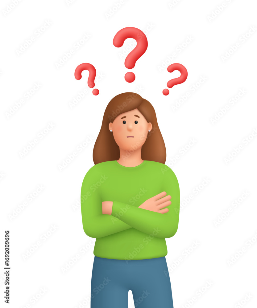 Poster confused woman kate standing with crossed arms pose with red question mark, thinking of a solution. 