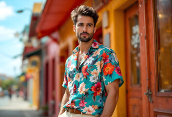 Obraz premium A man in a colorful floral shirt stands in front of a brightly colored building.
