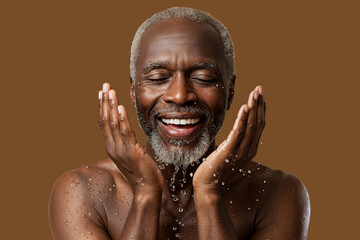 Senior African American man washing face for skin care and beauty routine with fresh water splash