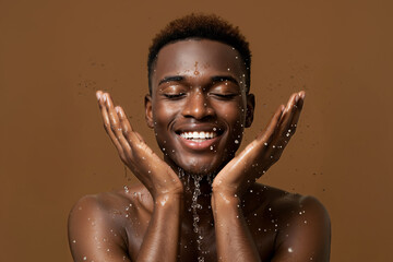 African American man washing face for skin care and beauty routine with fresh water splash