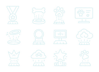 AR Pet Competition Icons. Outline icon set of AR pet competitions: holographic medal, glowing trophy bone,