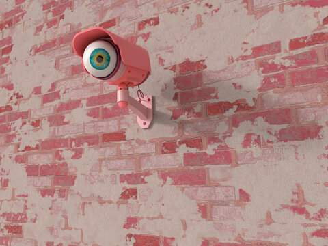 3d rendering of pink surveillance camera with eyeball on brick wall