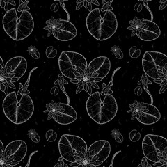 Seamless pattern of fish and water lily leaves with white outline on a black background