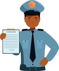 Confident police officer holding and showing important document, justice, law enforcement and security concept