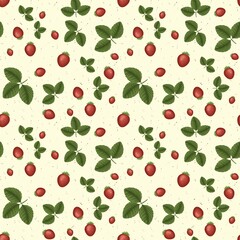 Seamless pattern of strawberries and leaves on a light background