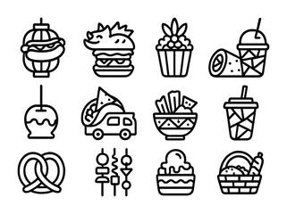 Global Festival Foods. Outline icon set of Global festival food: lantern hotdog, dragon dumpling burger, samba