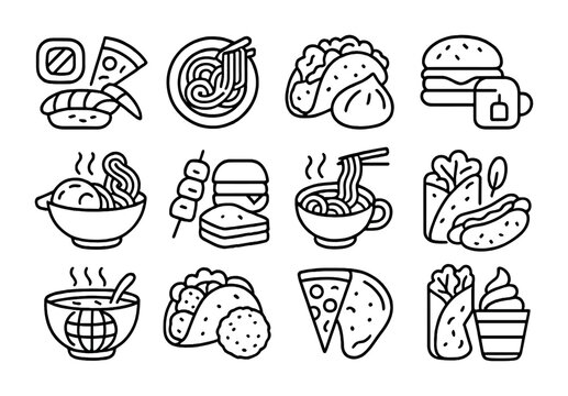 Global Cuisine Icons. Outline icon set of World cuisine icons: sushi pizza, pasta tacos, dumpling burger,