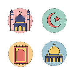 Religious icons with crescent moons, mosques, and prayer rug in circular designs