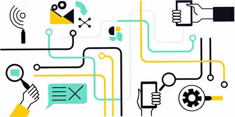 Abstract illustration of digital communication and data flow with icons representing technology and connectivity