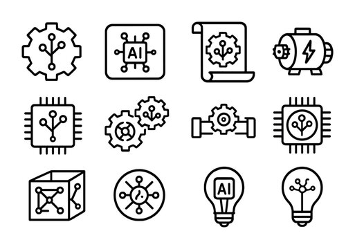 Reasoning Engines Icons. Outline icon set of Reasoning Engines: inference gear, AI reasoning box, logical