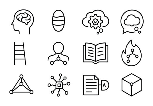 Cognitive Semantics Icons. Outline icon set of Cognitive Semantics: semantic brain, meaning spectrum icon,
